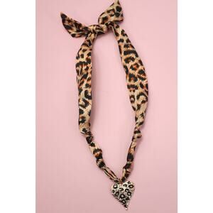 Leopard Knotted Scarf Necklace with Leopard Heart Charm